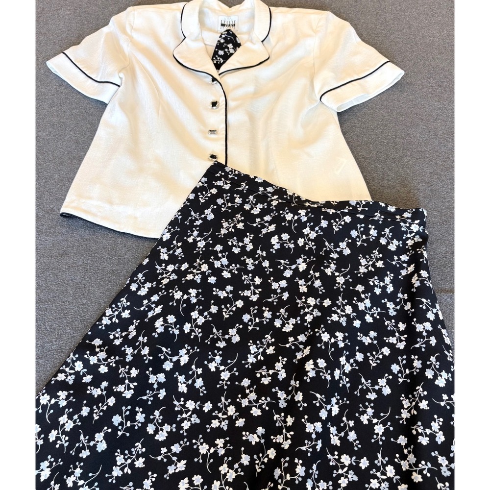 Leslie Fay Petite 3 Piece Skirt Set White Short Sleeve Top Floral Midi Skirt 10P